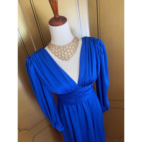 Vintage maxi dress with gathered waist in cobalt blue, size M - Picture 8 of 9